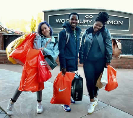 Season 15 Top 3 contestants Micayla Oelofse, Luyolo Yiba and Sneziey Msomi shopping in Woodbury, New York