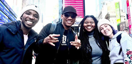 ProVerb and Idols SA season 15 Top 3 contestants, Luyolo, Micayla and Sneziey at Times Square New York City