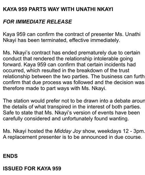Unathi Nkayi fired by Kaya FM - Statement