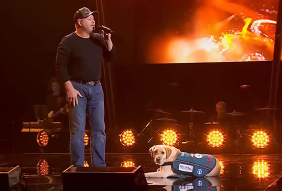 Chris Hodder performing with his PTSD dog Bella on The Voice Australia Season 12 in 2023