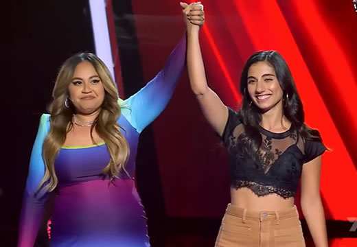 Jessica Mauboy and Liana Perillo after performing ‘Been Waiting’ on The Voice Australia Season 12 in 2023